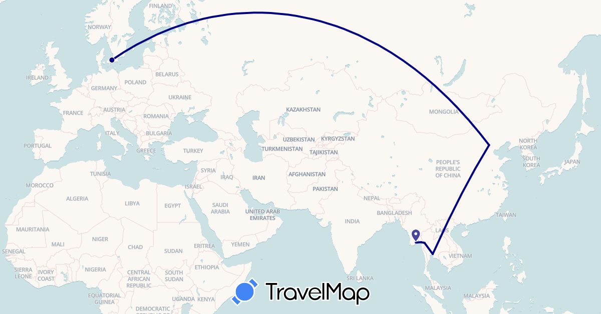 TravelMap itinerary: driving in China, Denmark, Myanmar (Burma), Thailand (Asia, Europe)